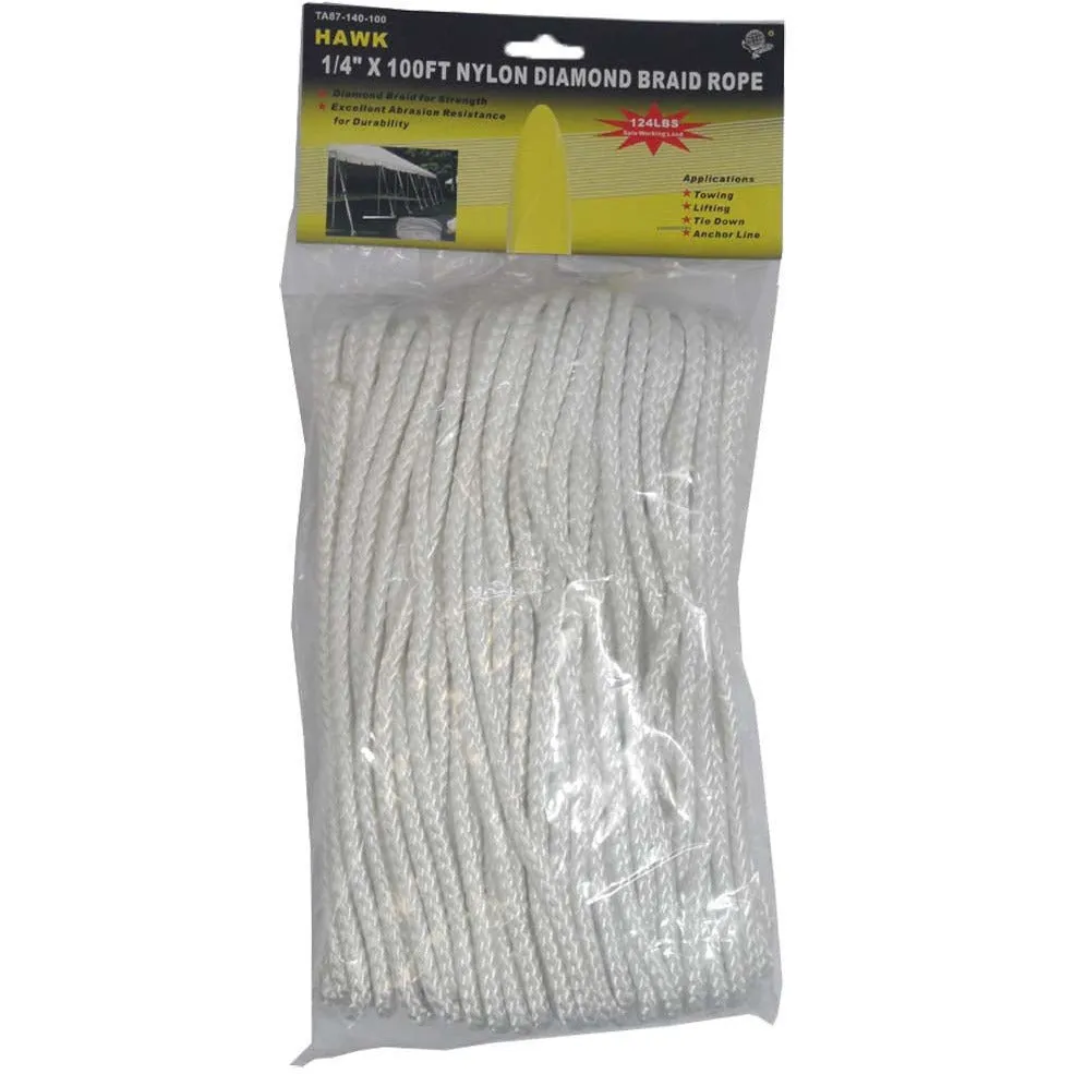 1/4" X 100' Package Of Multi-Purpose White Diamond Braid Rope  - TA87140-100