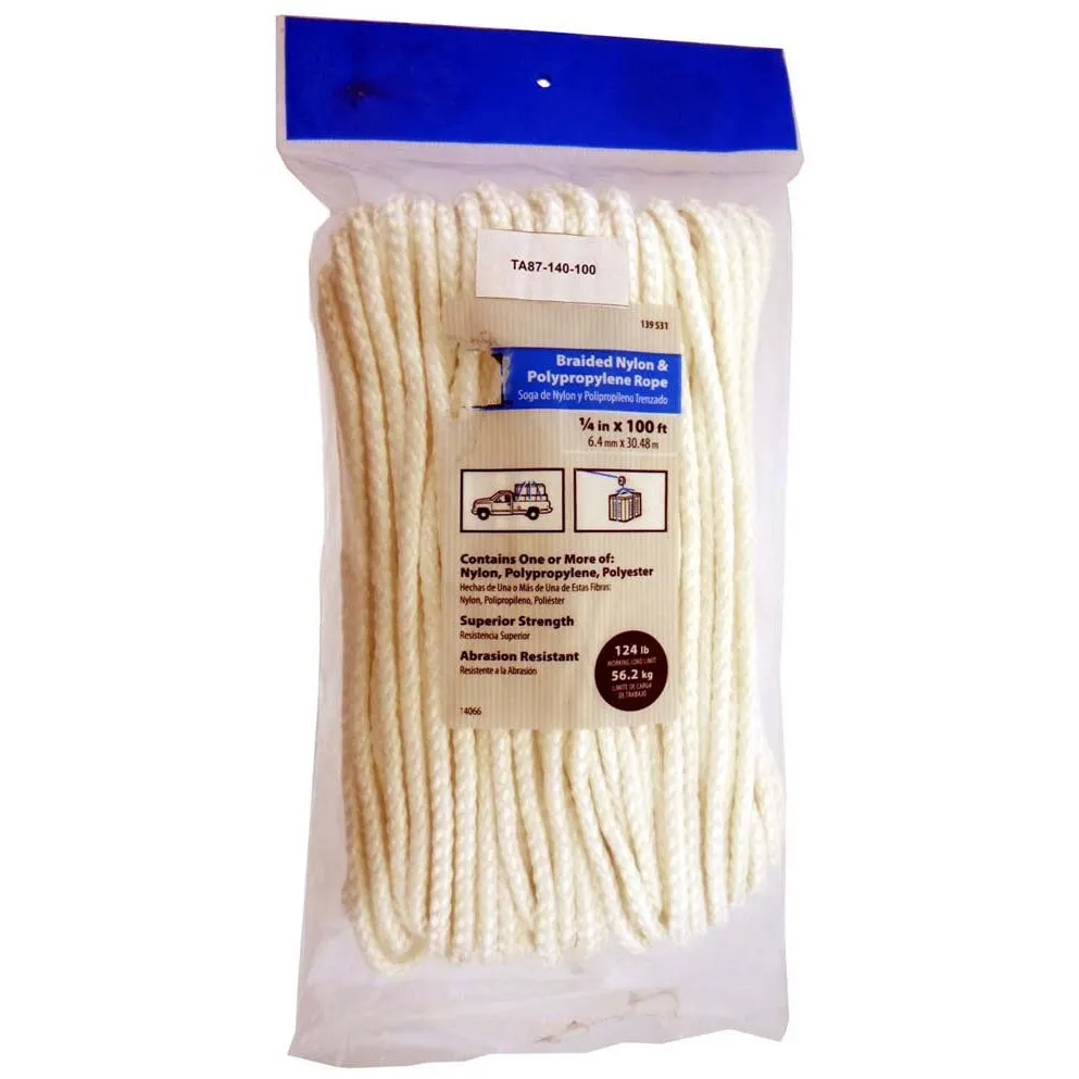 1/4" X 100' Package Of Multi-Purpose White Diamond Braid Rope  - TA87140-100